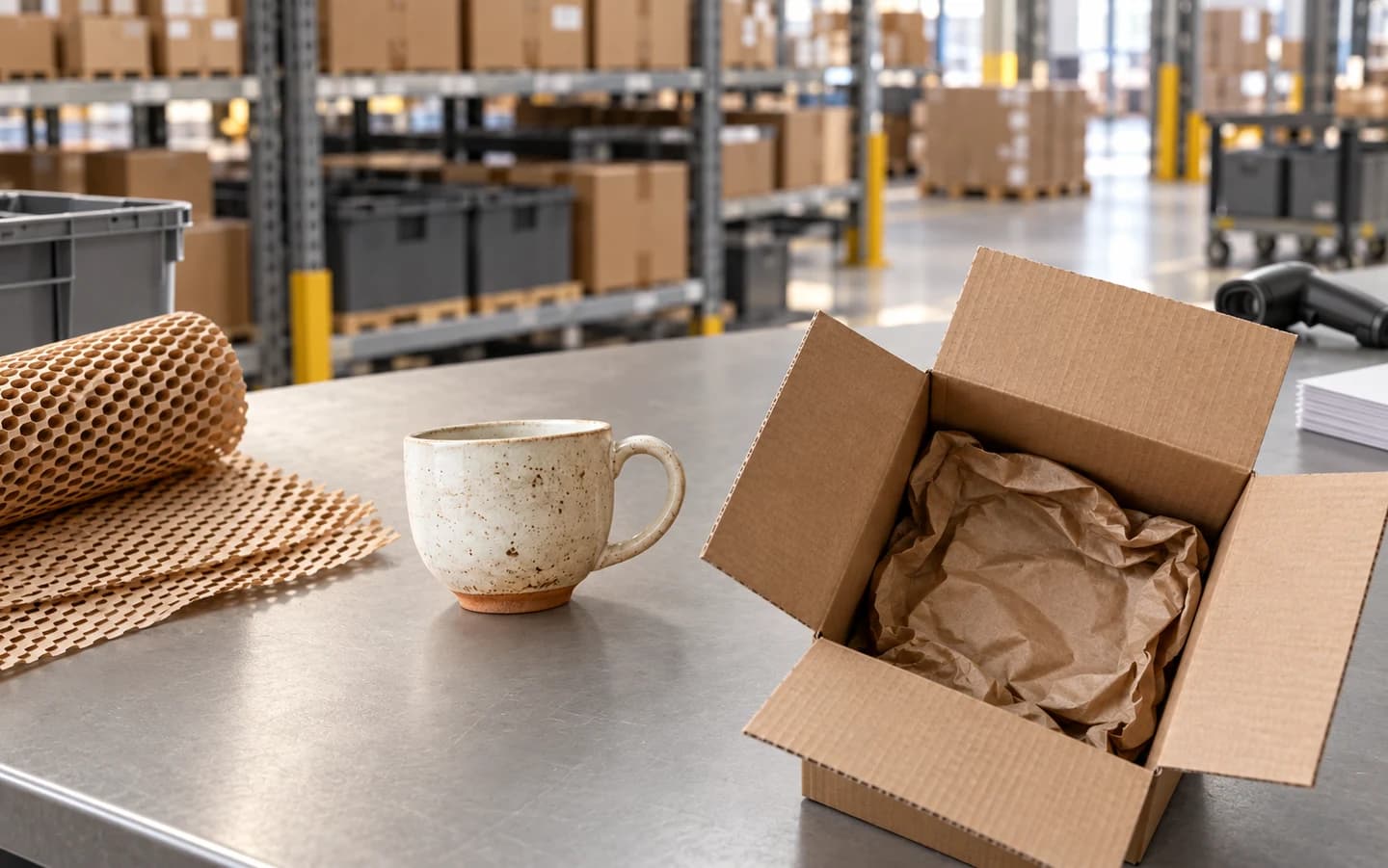 A ceramic homeware piece and protective materials at a fulfillment packing station